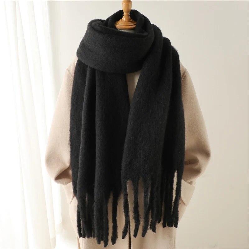 Winter Scarf Women Luxury Mohair Scarf Cashmere Warm Pashmina Solid Female Scarves Wraps Thick Soft Bufanda Big Tassels Shawl Long Stole Scarf