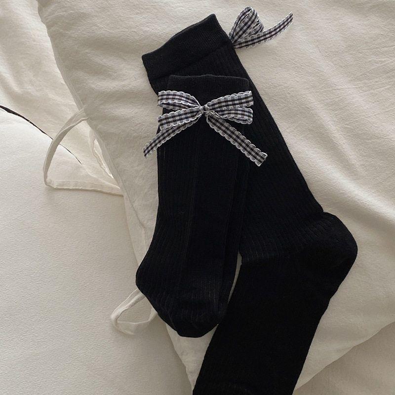 5 Pairs of New Spring and Summer Women's Plaid Bow Mid Calf Stacking Socks