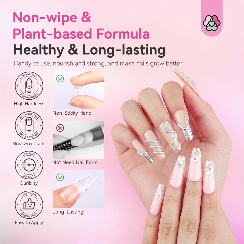 Saviland Builder Gel Lengthening Solid Builder Nail Gel Kit 3 Colors No Wipe Gel Builder with UV Lamp Chrome Powder Nail Sequins Complete 3D Sculpture