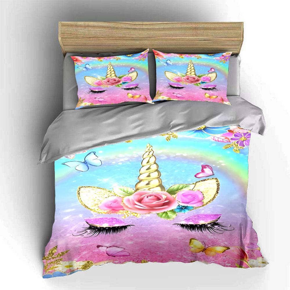 3Pcs Glitter Floral Unicorn Face Duvet Cover Set, Rainbow Pastel Girly Bedding Includes 1 Duvet Cover And 2 Pillowcase, Gift
