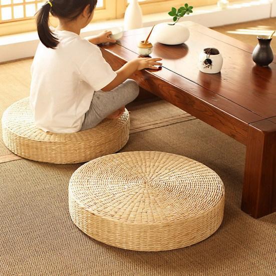 Tatami Cushion Natural Straw Hand Woven Meditation Japanese-style Household Padded Round Pouf for Garden