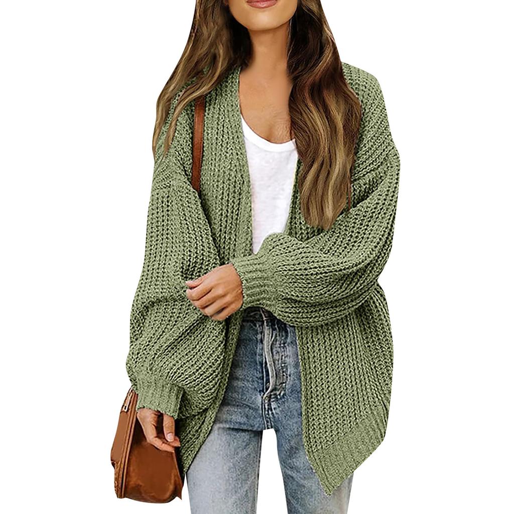 Кардиган крупной вязки с рукавами-фонариками для женщин: Осенне-зимняя верхняя одежда с карманами, вязаный свитер