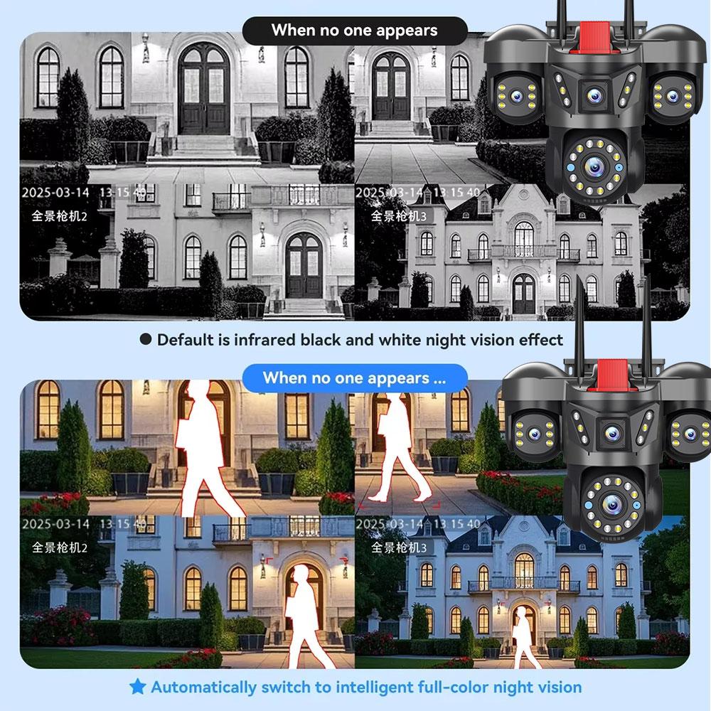 10K 20MP UHD Уличная WiFi IP-камера Четыре объектива Четыре экрана 360° 16-кратное увеличение PTZ Камера безопасности Автоматическое слежение Беспроводная система видеонаблюдения CCTV