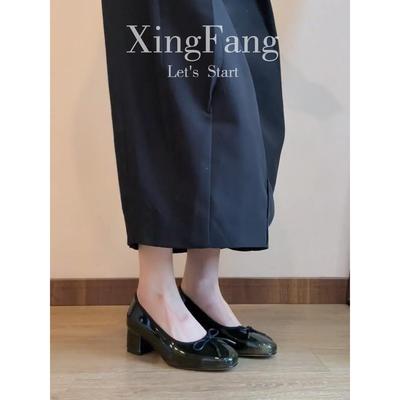 Версия из коровьей кожи~ Кожаный бант, туфли-лодочки с открытым верхом, женские новые, ретро, зеленые, с круглым носком, на одной педали, темпераментные, на высоком каблуке