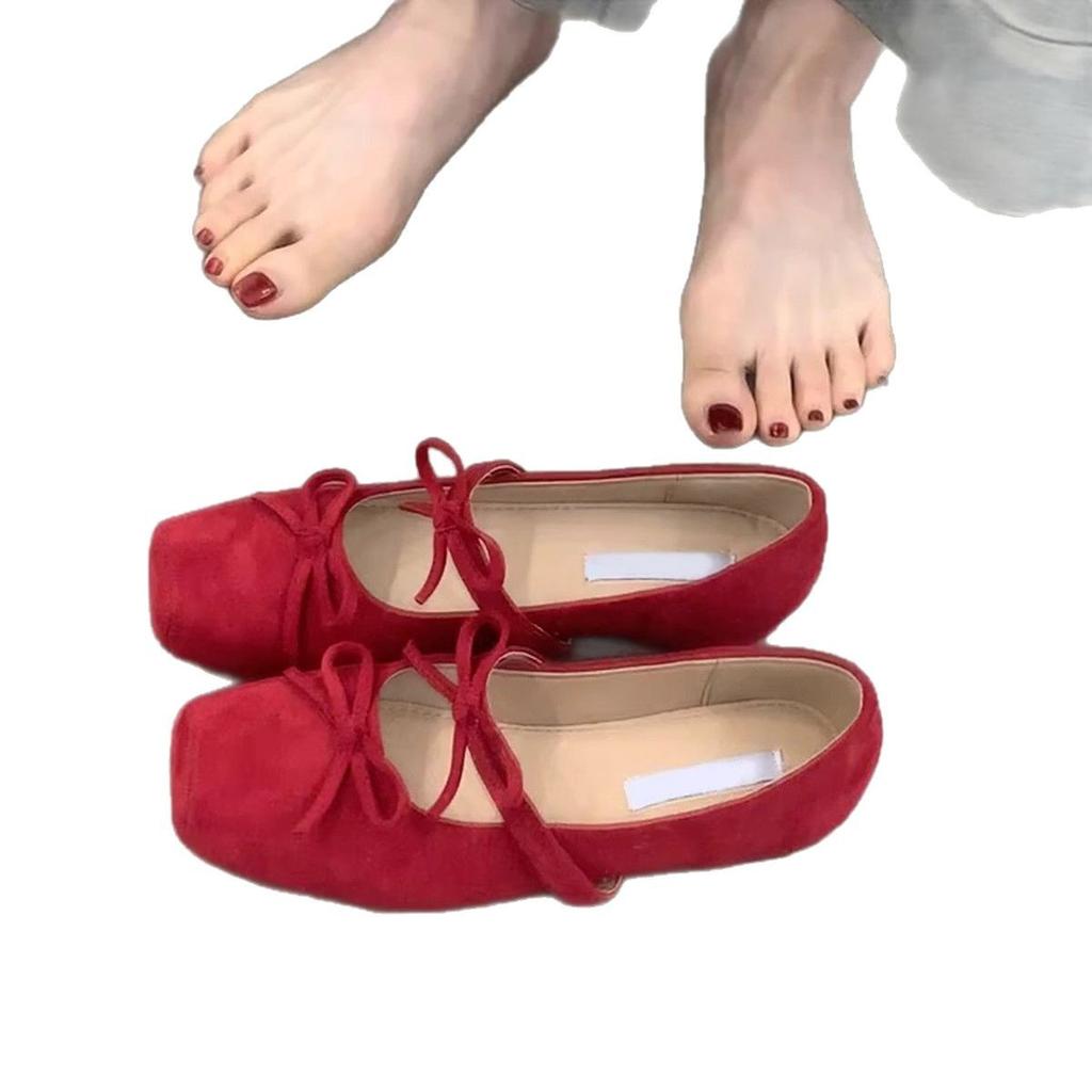 Sheepskin Version~ Square Head Bow Ballet Shoes Gentle French Inner Height Increase Mary Jane Shoes Evening Wind Shallow Mouth Single Shoes