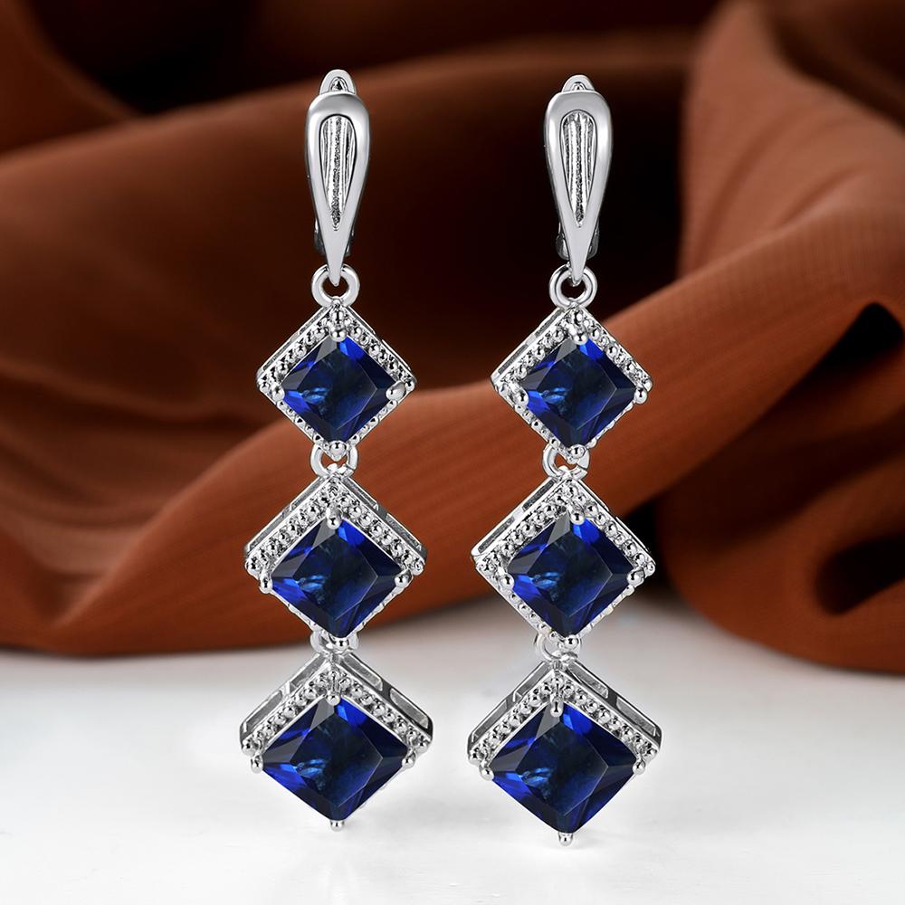 Длинные висячие серьги-крючки с синим камнем принцессы, цвет серебра, желтого золота, квадратной огранки, кольцо для невесты, обручальные украшения