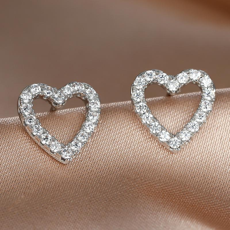 New micro-inlaid with diamond zircon heart-shaped rose gold-plated stud earrings women's hollow love earrings jewelry