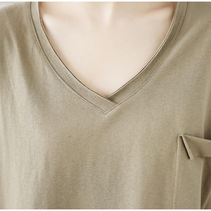 DIMANAF 2025 Новая Летняя Футболка Большого Размера Женская V-образный вырез Короткий рукав Однотонные Свободные Топы Футболки Макси