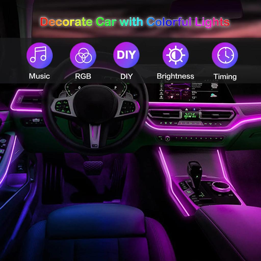 Светодиодные лампы для салона автомобиля, RGB оптоволоконная атмосфера, комплект неонового освещения с дистанционным управлением через приложение, автоматические декоративные лампы