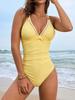 Sexy Yellow Swimwear Women 2025 Deep V Neck Slimming Pleate Tummy Control One Piece Swimsuit Beach Bathing Suit Holiday Monokini