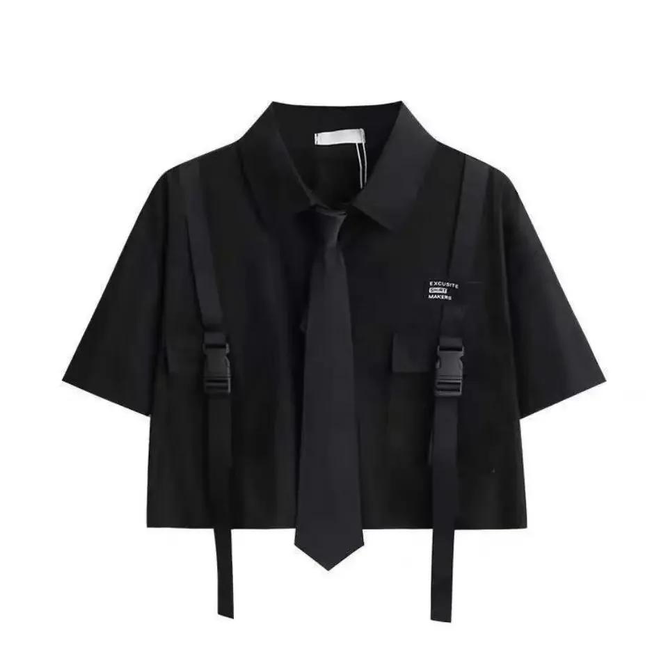 Женский комплект из брюк-карго на лето, рубашка с короткими рукавами и поясом в темном готическом стиле + черные брюки-джоггеры с цепочкой, комплект из двух предметов