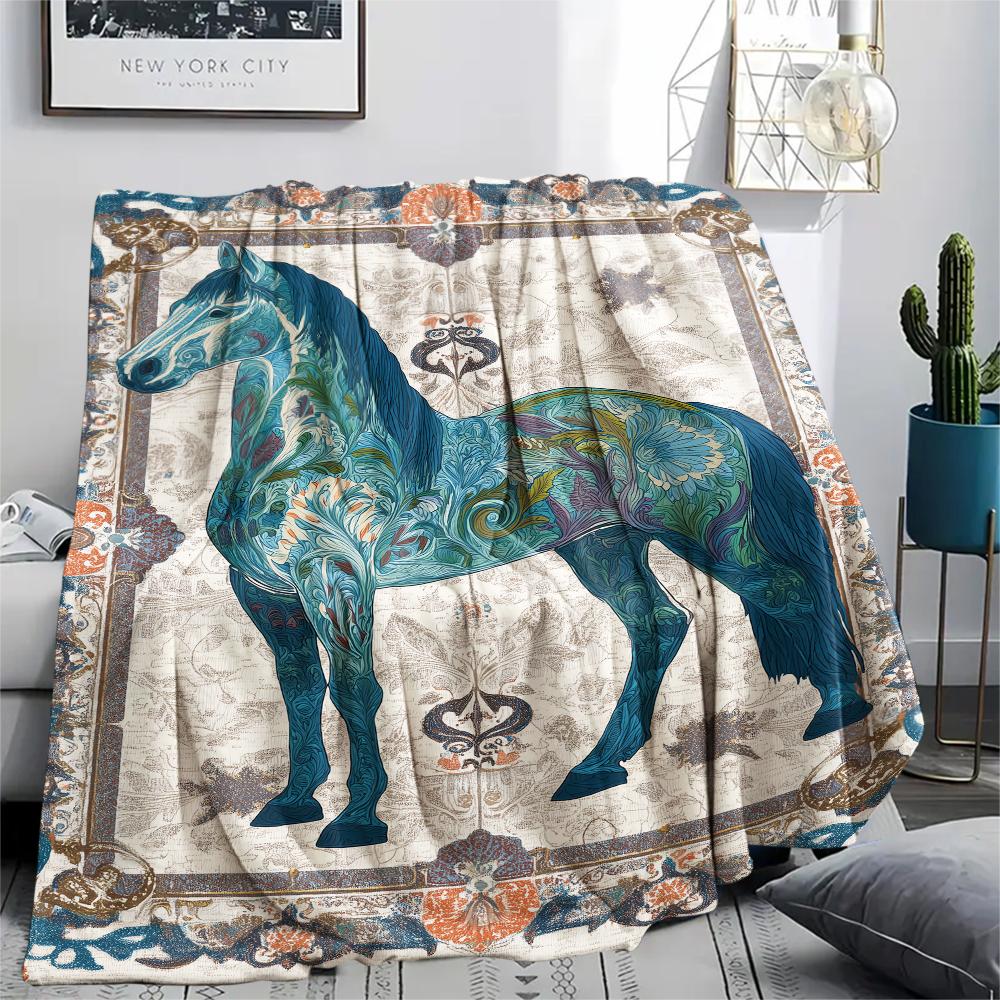 Flower Horse Print Flannel Blanket, High quality Comfortable for All Seasons, Home Decor, Warmth and Comfort, Perfect for Christmas Gifts