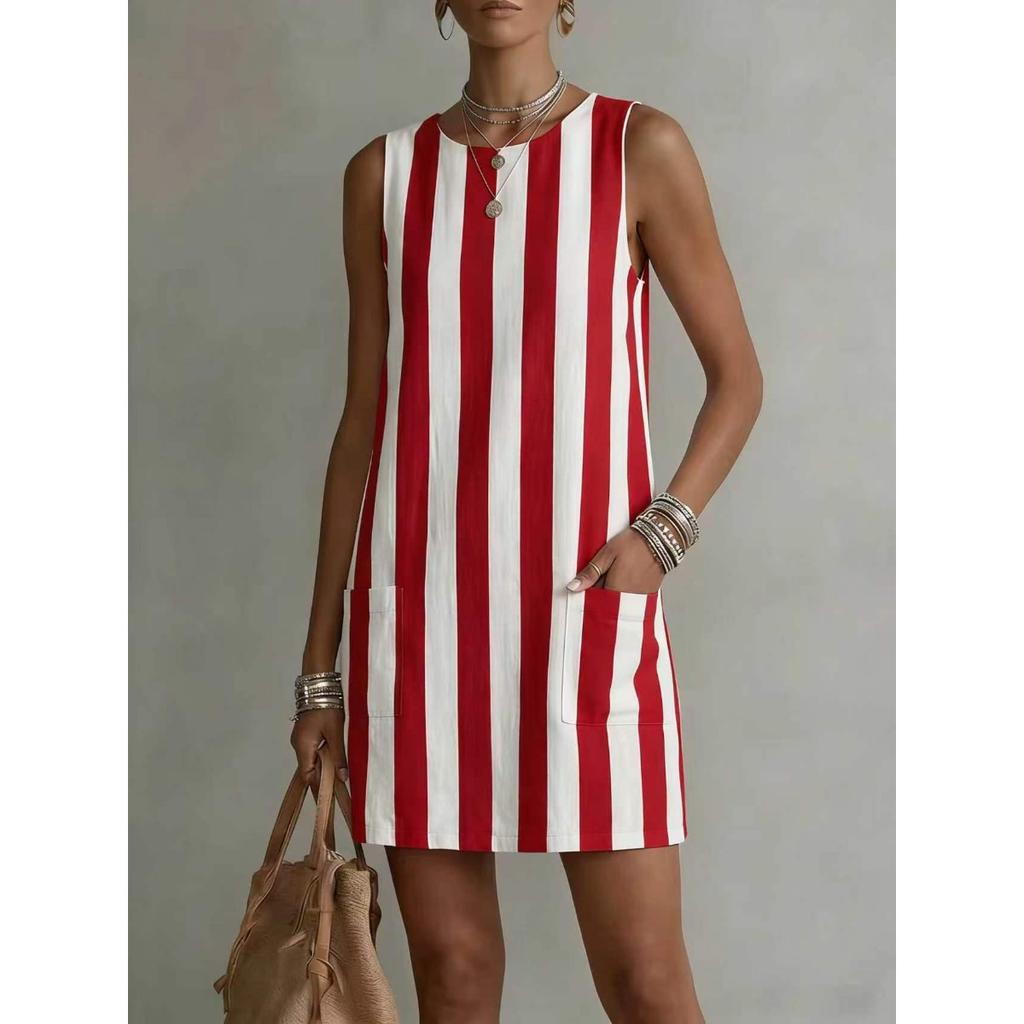 Women's Casual Dresses - Women's Casual Striped Slimming Round Neck Dress, Fashion Striped Dress Women Daily Outfit