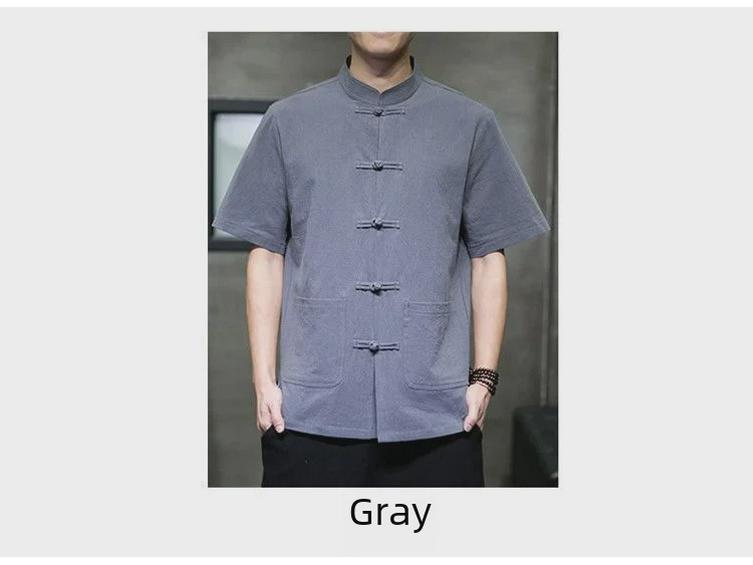 Мужская льняная рубашка в китайском стиле с коротким рукавом, летняя, свободного кроя, воротник-стойка