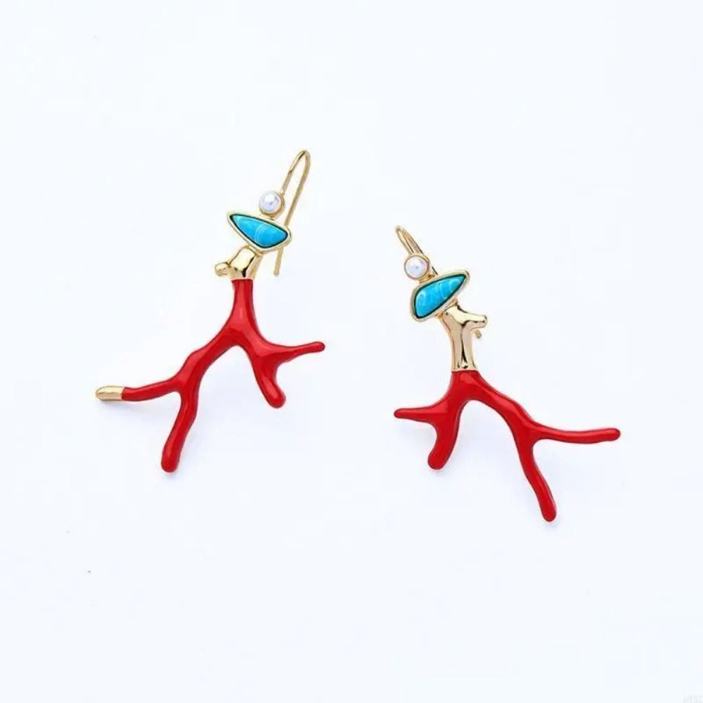 Red Coral Enamel Glaze Earrings Clear Geometric Drop Earrings Irregular Colored Earrings  Party