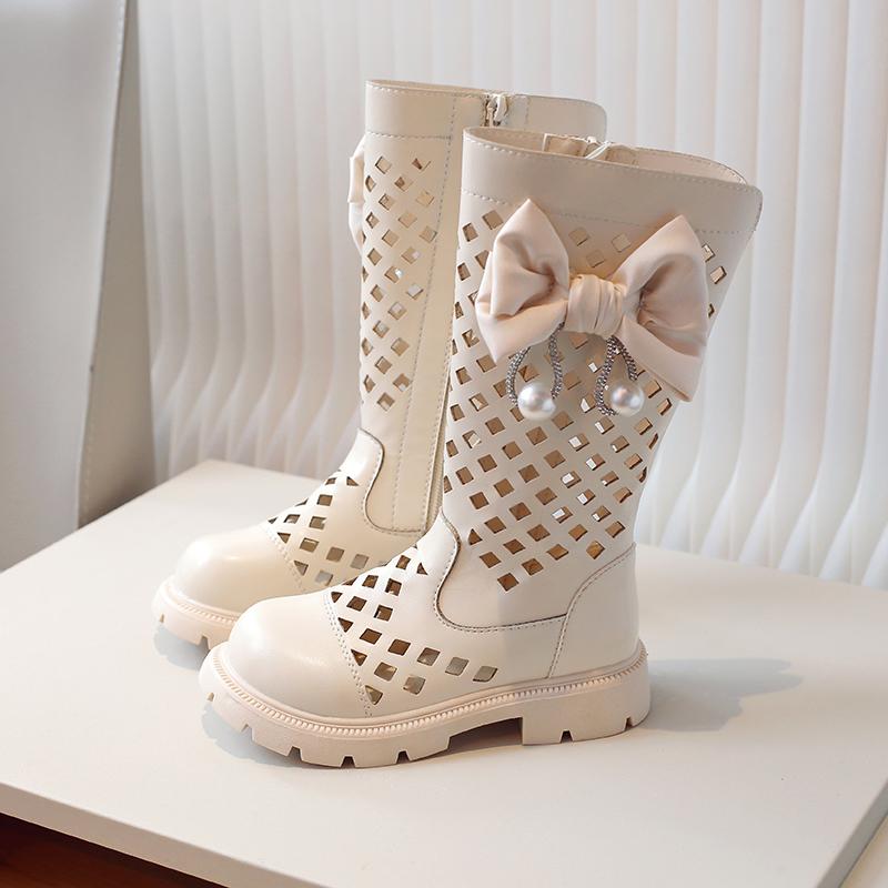 Children Chain High Boots Summer Girls Hollow Princess Boots with Bow-knot Kids Fashion Fashion PU Boots Side Zip Low Heels