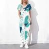 Women Plus Size Blue Cream Printed Scrub Set Cutout Neck Short Sleeve Pocket Top Long Pants Two Piece