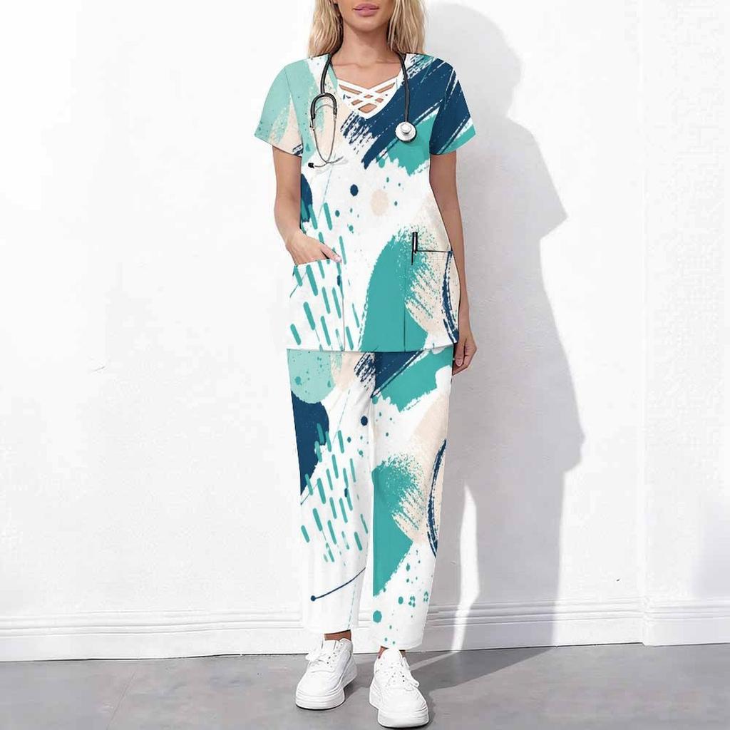 Women Plus Size Blue Cream Printed Scrub Set Cutout Neck Short Sleeve Pocket Top Long Pants Two Piece
