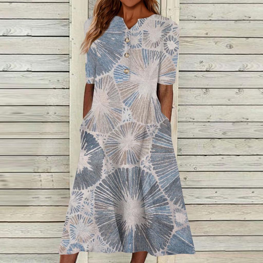 Women's Summer Casual Printed V-Neck Short-Sleeve Swing Dress