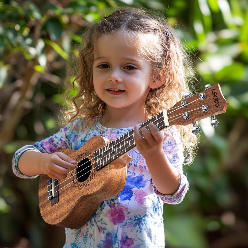 Сопрано-укулеле 21 дюйм LEKATO Начальный набор для начинающих Сапеле-укулеле Профессиональная гавайская гитара Укулеле для взрослых и детей с тюнером