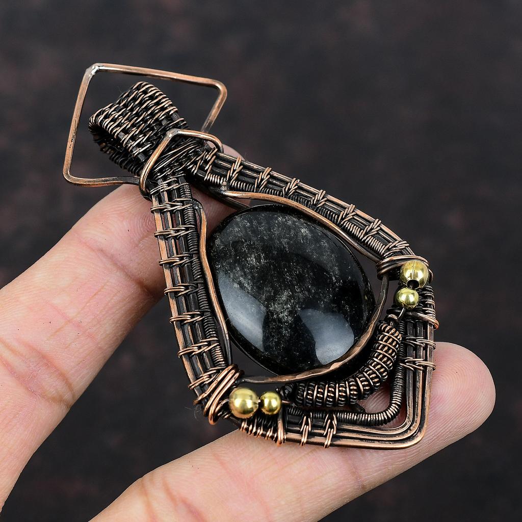 Серебряный блестящий обсидиановый кулон, медная проволока, обернутая кулоном, драгоценный камень, медные украшения, ручная работа, дизайнерский кулон, проволочная обертка, ювелирное изделие, подарок для нее