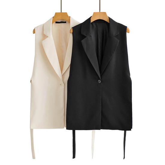 Women Vest Coat Turn-down Collar Sleeveless Loose Solid Color Single Button Cardigan Strap Decor Mid Length Commute Formal Suit Waistcoat