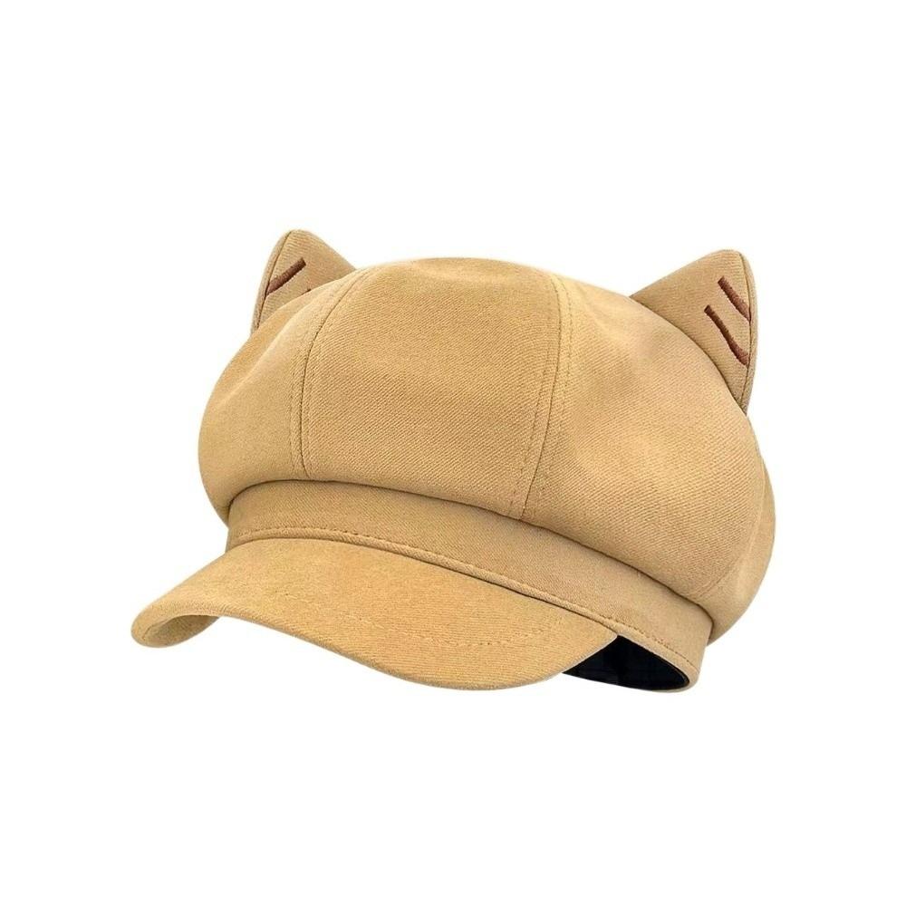 Woolen Cat Ear Hat Solid Color Octagonal Cap Retro British Beret Hat  Painter