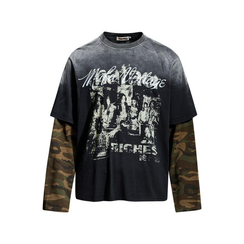 Mens Vintage Distressed Graphic Long Sleeve T-Shirt Fake Two-Piece Design Loose Fit Cotton Tee Streetwear Casual Wear