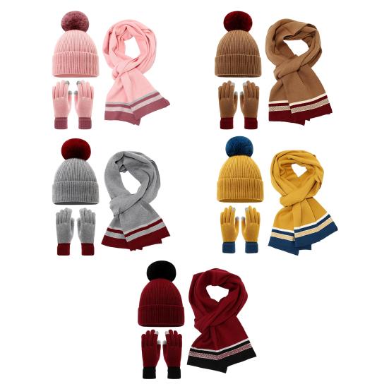 3Pcs/Set Women Winter Hat Scarf Gloves Set Plush Ball Decor Elastic Knitting Hat Long Scarf Touch Screen Gloves Set