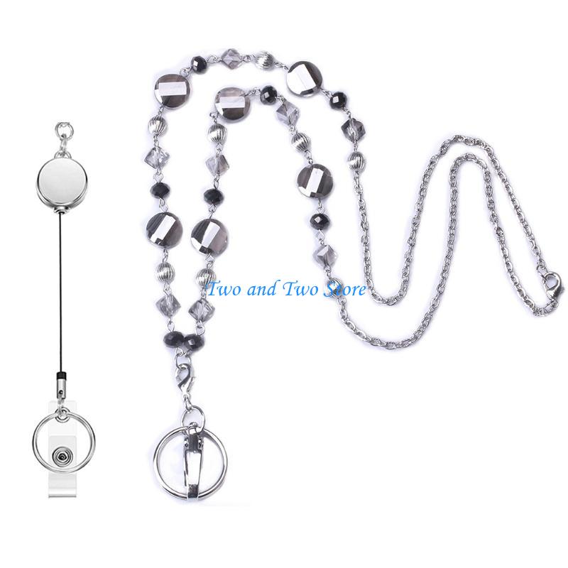 HX6F Women Beaded Chain Necklace Retractable Badge Reel Lanyard Badge Holder Gift
