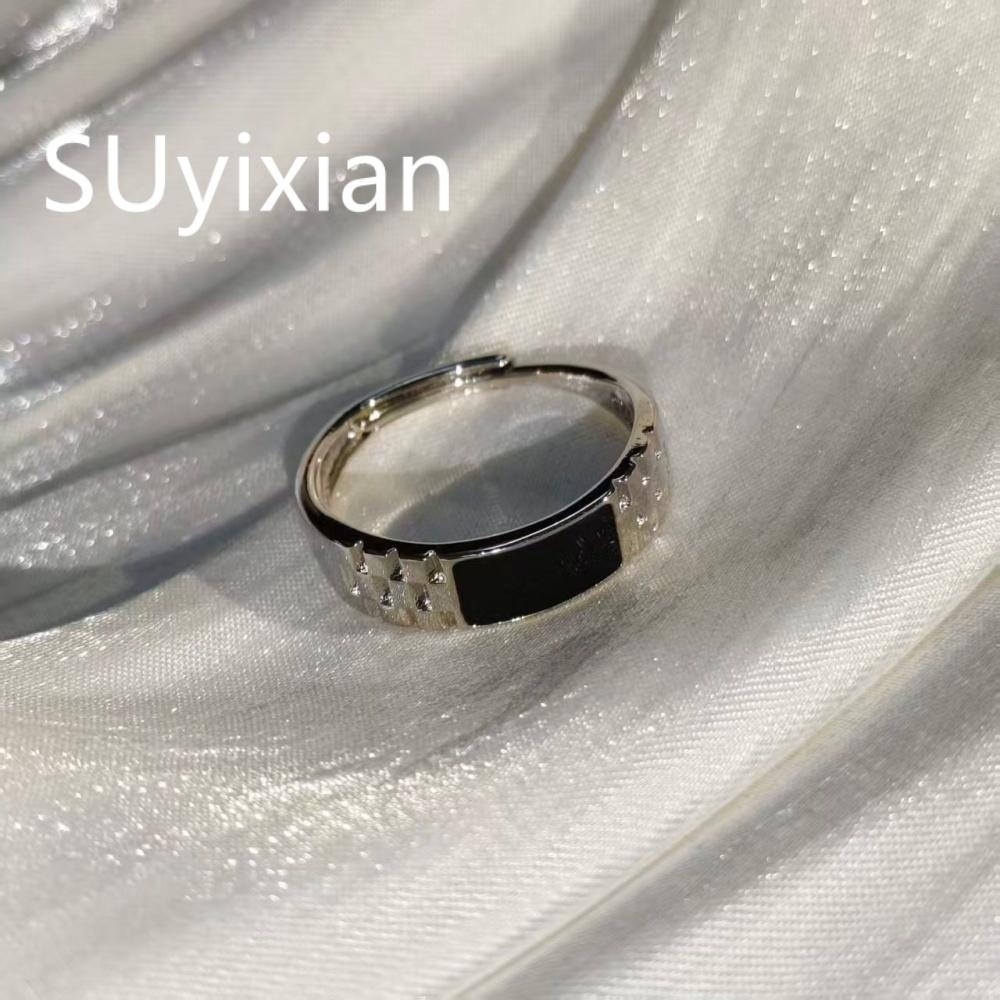 925 Sterling Silver Stylish Simple Epoxy Checkerboard Men's Vintage Ring Birthday Party Anniversary Gift