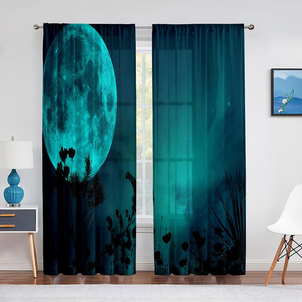 Тюлевые шторы с полной луной, фантазией, звездным небом, ночной сценой, для гостиной, спальни, кухни, декор, прозрачная вуаль, занавески из органзы