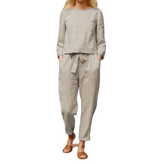 2 шт./комплект женский топ брюки комплект круглый вырез длинный рукав блузка винтажные эластичный пояс брюки повседневный досуг свободный наряд