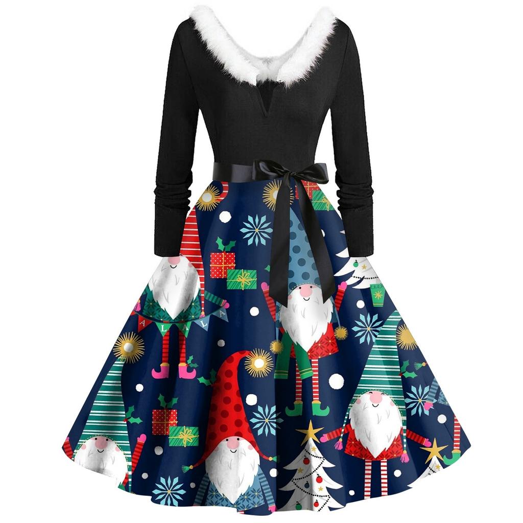 Женское винтажное платье с длинным рукавом и рождественским принтом в стиле 1950-х годов для вечеринки, выпускного вечера, для домохозяйки