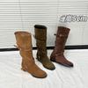5 Cm Heightened Belt Buckle Maillard Boots Women's 2025 New Retro Round Head Pleated Suede Knight Boots