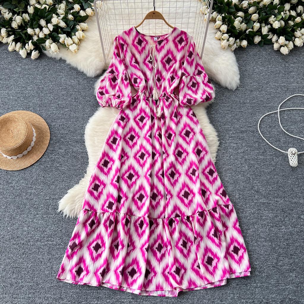 Elegant Vintage Floral Dress for Women Summer Lace Up Slim Waist Dresses Y2k Puff Sleeve Loose Dresses