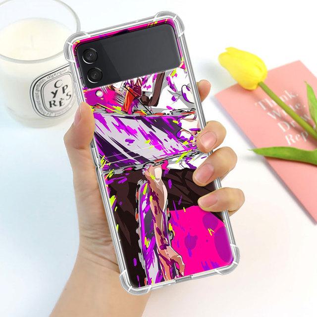 Cute Cartoon Chainsaw Man Pattern Case For Samsung Galaxy Z Flip 3 4 5g Funda Z Flip3 Clear Pc Hard Shockproof Phone Coque Shell