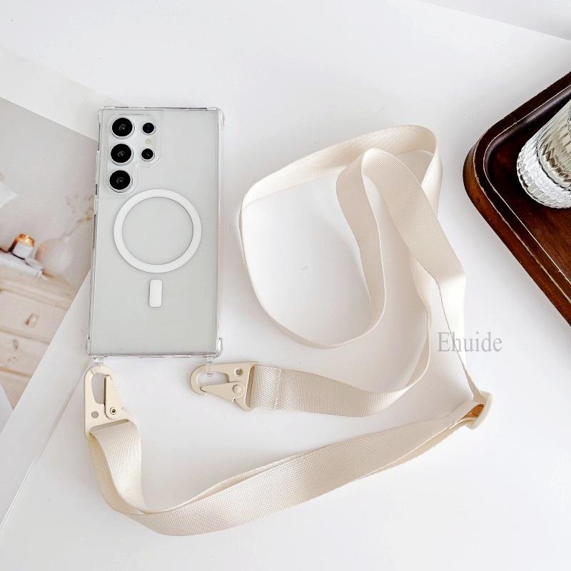 Lanyard Magnetic Case For Samsung Galaxy S25 Plus S23 S24 Ultra Magsafe Crossbody Strap Wireless Charging Acrylic Clear Cover