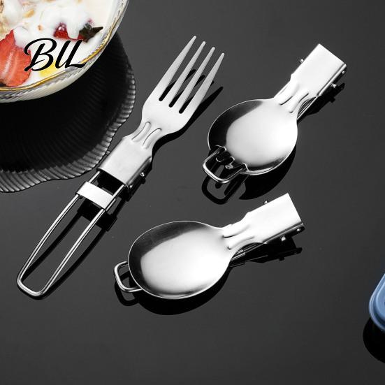 Corrosion Resistant Utensils Stainless Steel Folding Spoon Fork Cutter Straw Brush Foldable Flatware Outdoor Camping Picnic Hiking Collapsible Cutlery