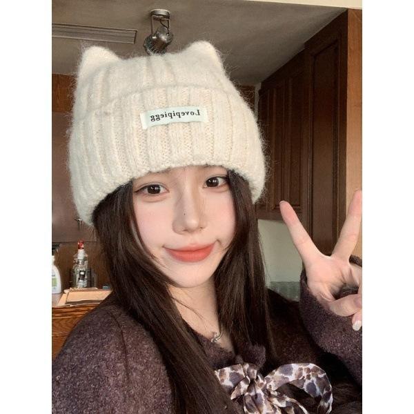 Cat ear knitted hat autumn and winter women's temperament warm wool hat big head circumference showing face small ear protection pullover hat