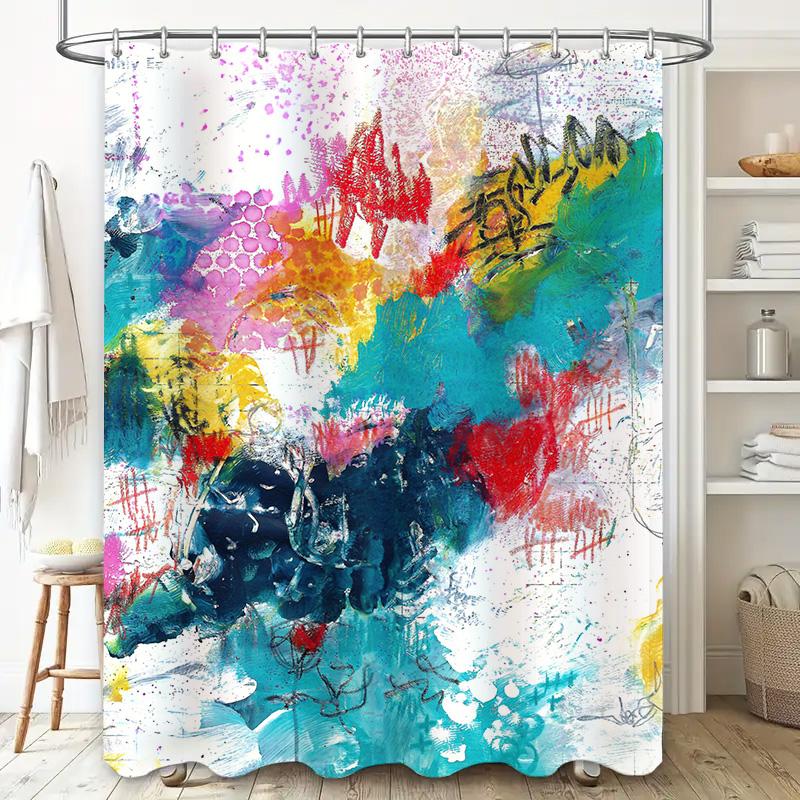 Colorful Artistic Shower Curtain Blue, Yellow, Pink Red Splash Design for Bathroom Decor Water-Resistant Fabric Available in Mul