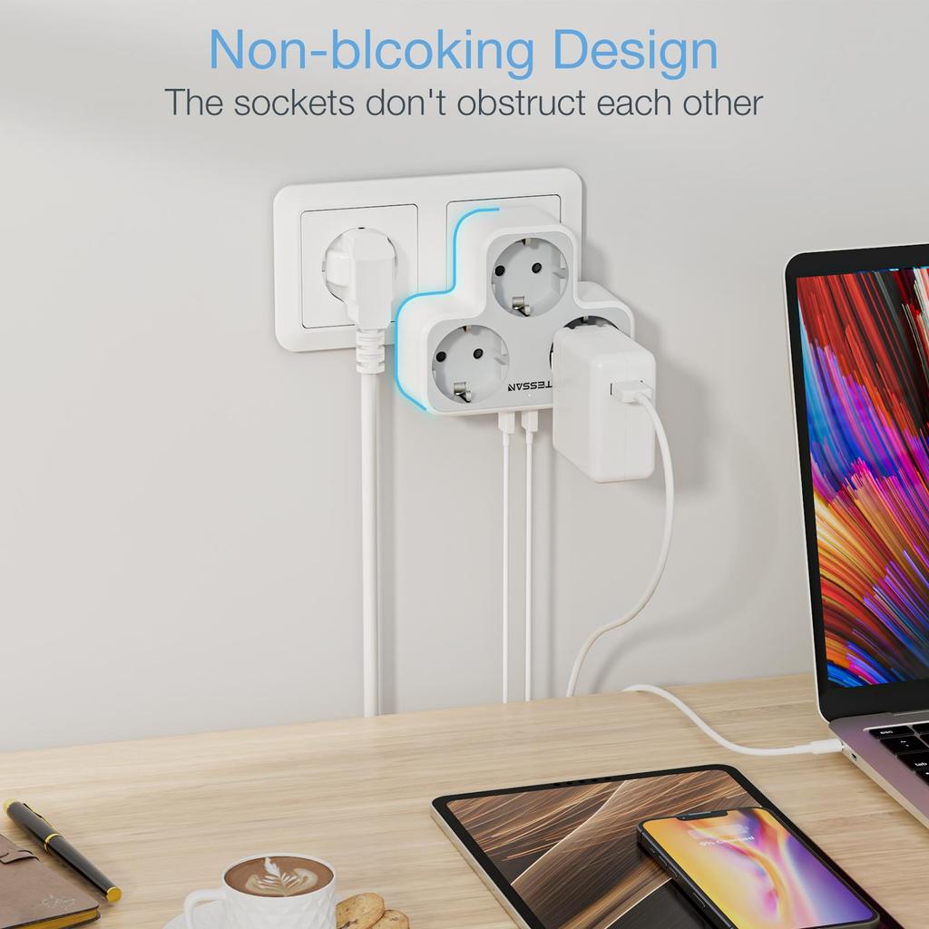 Tessan Multi Outlets Power Strip with 3 AC Outlets 2 USB Ports EU KR Plug Multiple Wall Socket Adapter with Overload Protection