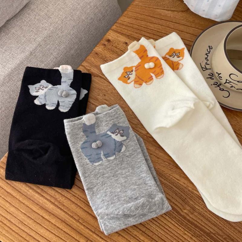 1 пара носков из хлопка с кошачьими яйцами, парные носки, кошачьи шарики, кавайные носки ручной вязки, мультяшные носки с рыжим котом табби, креативный детский подарок