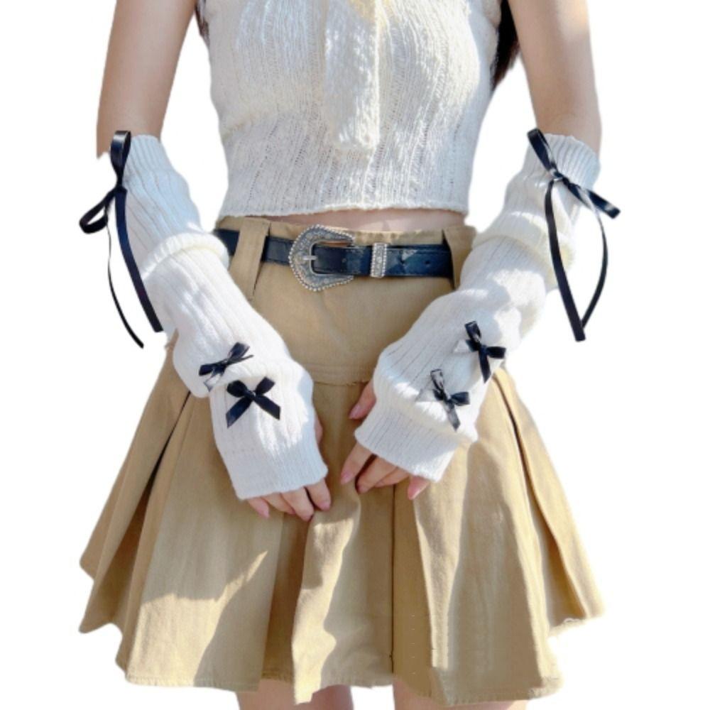 Y2K Long Wrist Gloves Ballet Style Arm Warmers Soft Knitted Bow Arm Sleeves  Girl Party