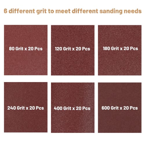 LEONTOOL Sandpaper Sanding Block, 120-Piece Set, 20 Pieces Each of #80, #120, #180, #240, #400, and #600, for Smoothing Putty, Woodwork, Rust Removal,