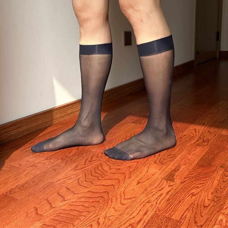 Men's Middle Calf Business Socks with Twill Pattern See Through Thin Nylon Dress Socks Stockings for Formal Occasion