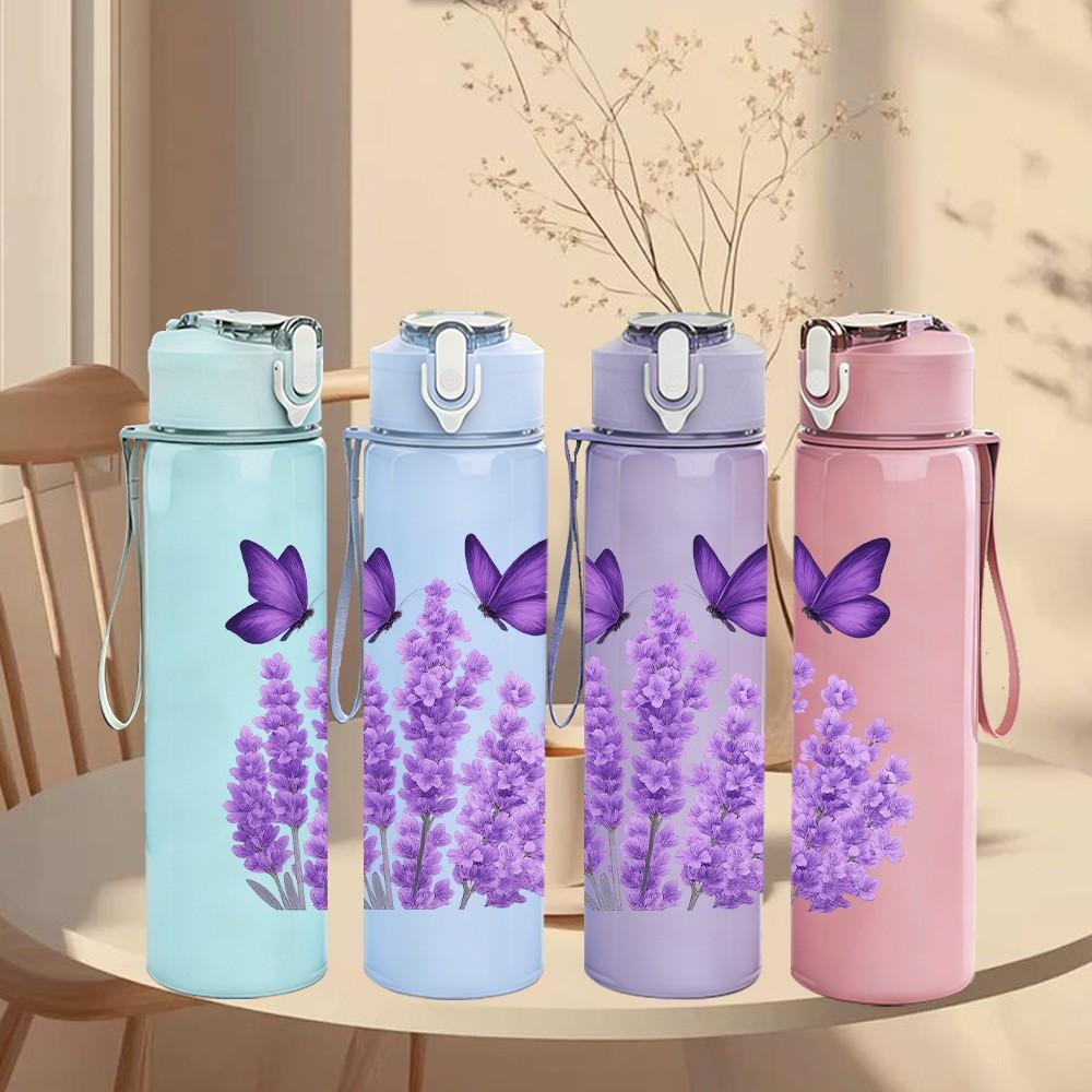 1PC Twin Purple Butterfly Layout 750ml Color Plastic Sports Water Bottle Leakproof Flip Straw Lid For Sports Office Home Use