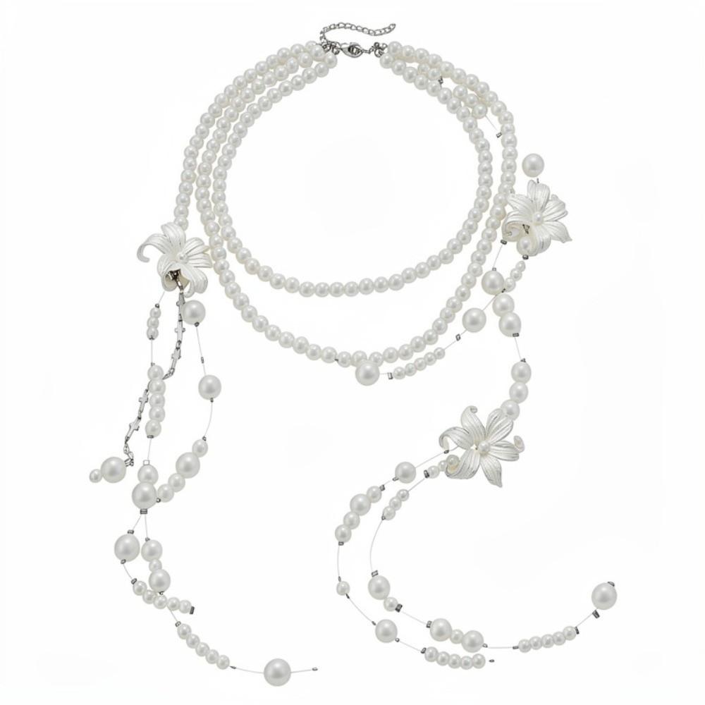 Faux Pearl Lilium Flower Pearl Necklace Multi Layer Stacked Flower Choker Vacation Look