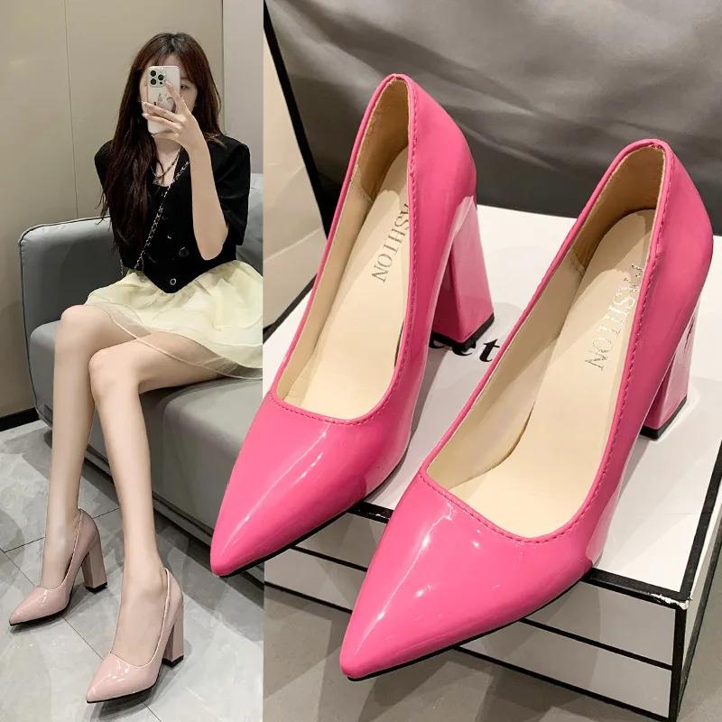 Fashion 2025 Shoes Thick Heel Woman Pumps Candy Color Women  Office Pointed Toe High Heels Wedding Female Heel Shoes