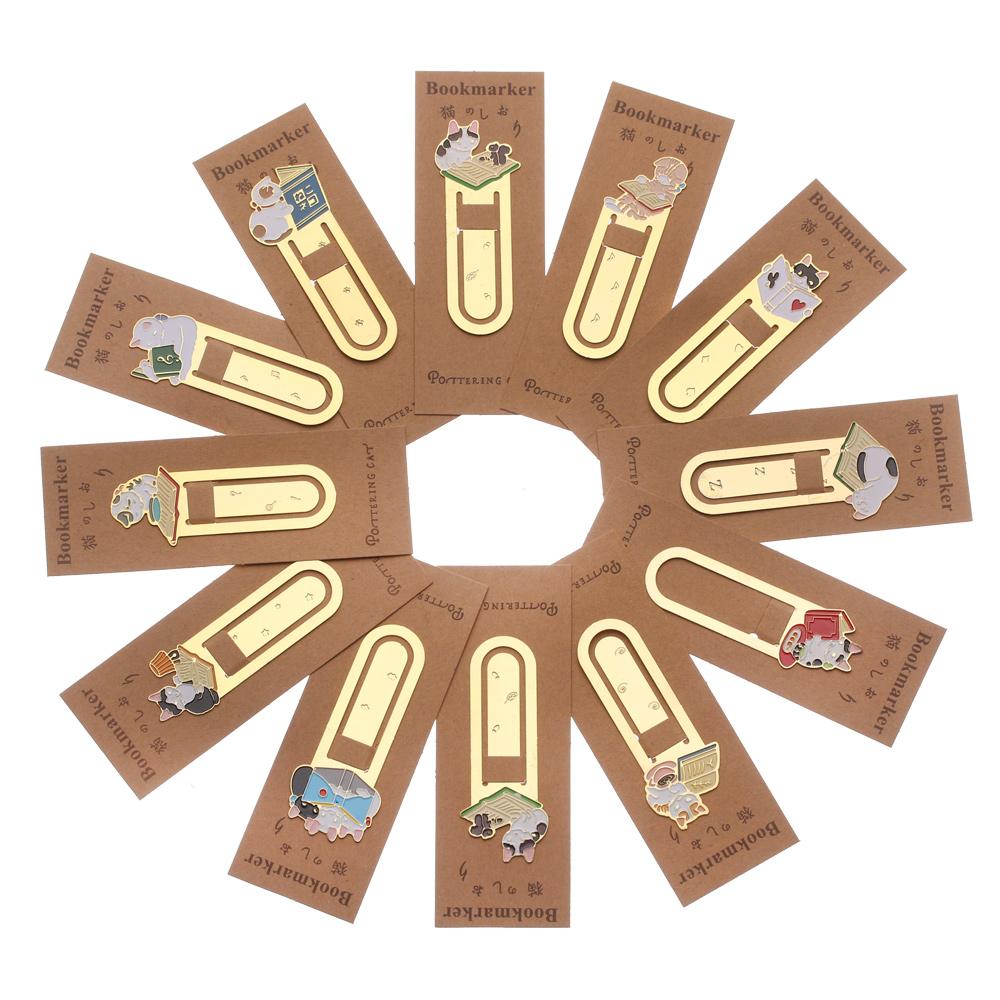 Школьные принадлежности, мультяшная металлическая позолоченная закладка, книжная папка, этикетка, милые кошки